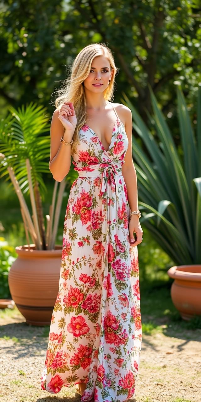 Donna con un abito lungo floreale bianco e rosa in stile hippie, immersa in un giardino tropicale.