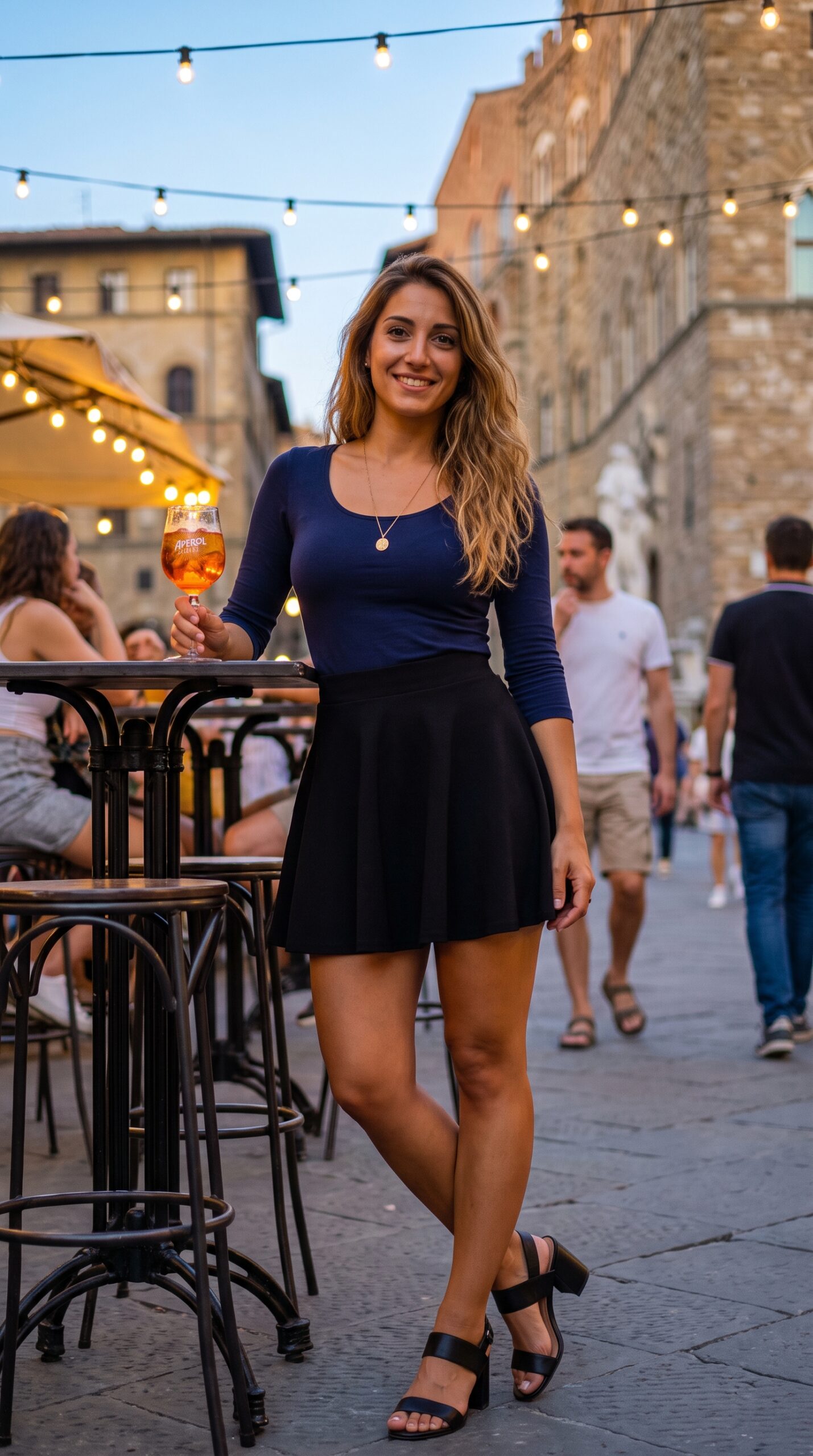 Come Abbinare la Gonna a Ruota: 10 Outfit e Regole di Stile 5 Look da sera con gonna a ruota nera corta, top aderente blu scuro e sandali con tacco alto durante un aperitivo.