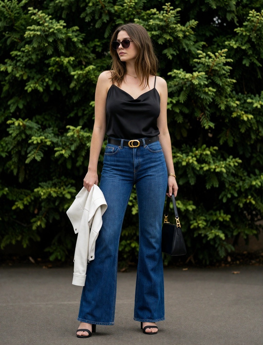 Outfit con jeans svasati a vita alta e top nero, perfetto per slanciare la figura e allungare visivamente le gambe