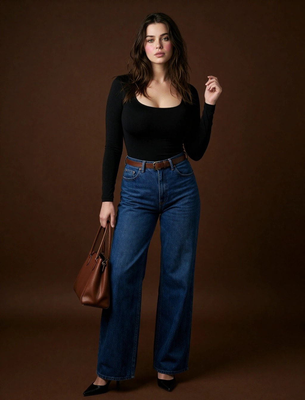 Outfit con jeans a vita alta e top nero aderente, ideale per slanciare la figura e allungare visivamente le gambe