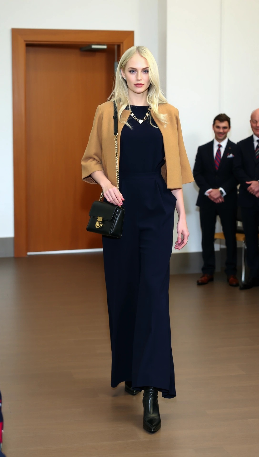 Donna con un look da invitata a un matrimonio invernale composto da una tuta elegante blu scuro e un cappotto corto color cammello.