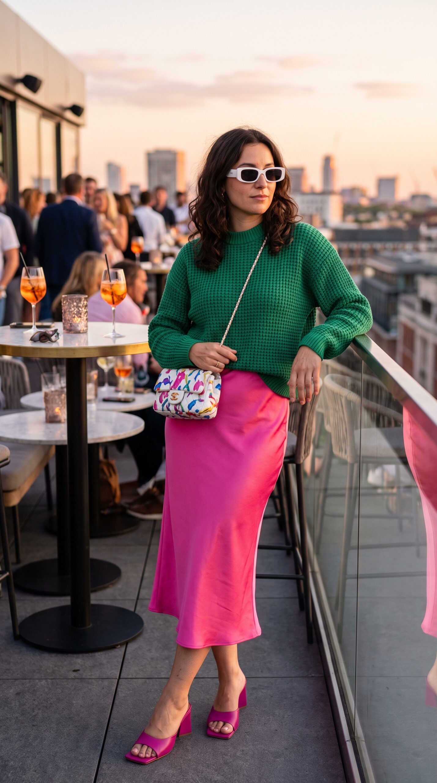 Look da aperitivo con maglione a coste verde prato e gonna sottoveste lunga in raso fucsia.
