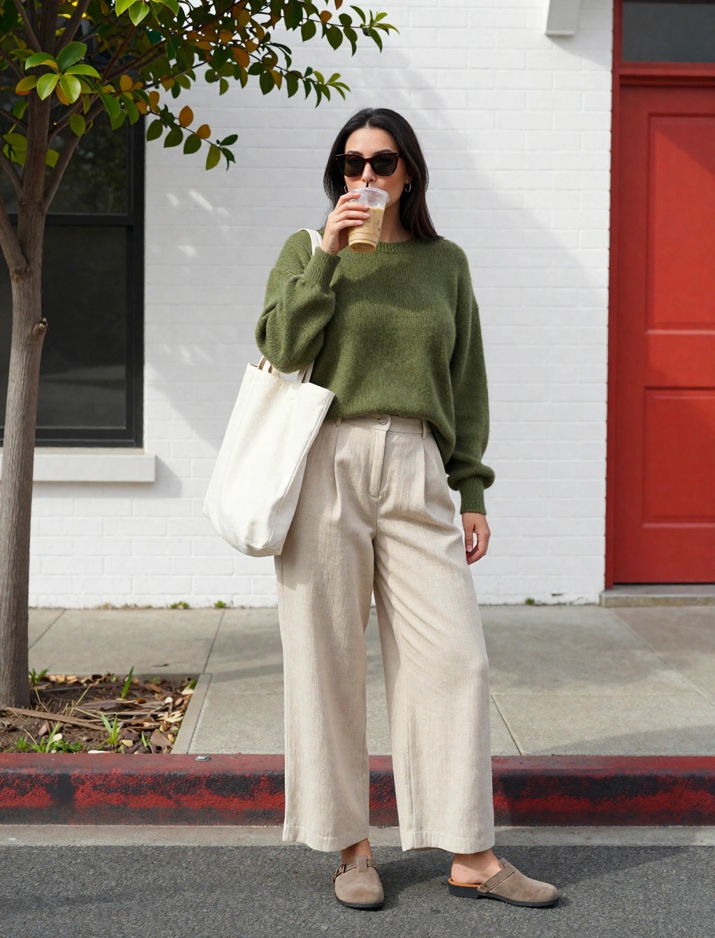 Come abbinare il verde oliva con il beige: donna con maglione verde oliva oversize e pantaloni beige a gamba larga