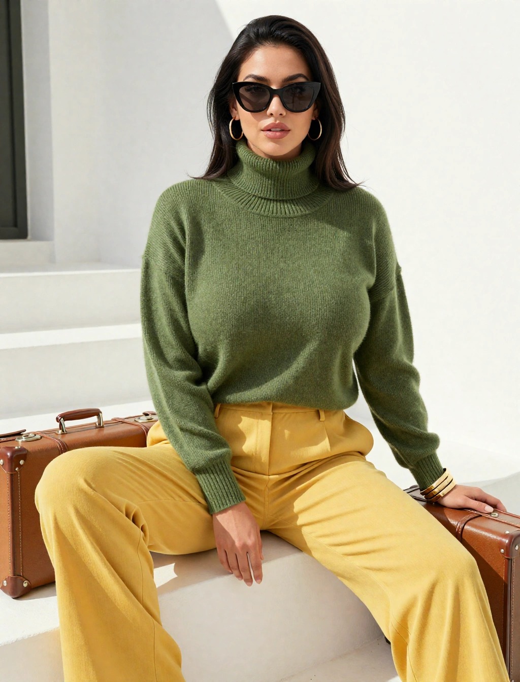 Come abbinare il verde oliva con il giallo senape: donna con dolcevita verde e pantaloni gialli a palazzo