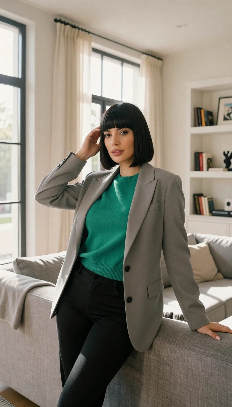 Maglione verde smeraldo abbinato a blazer grigio e pantaloni neri, outfit da ufficio per donna
