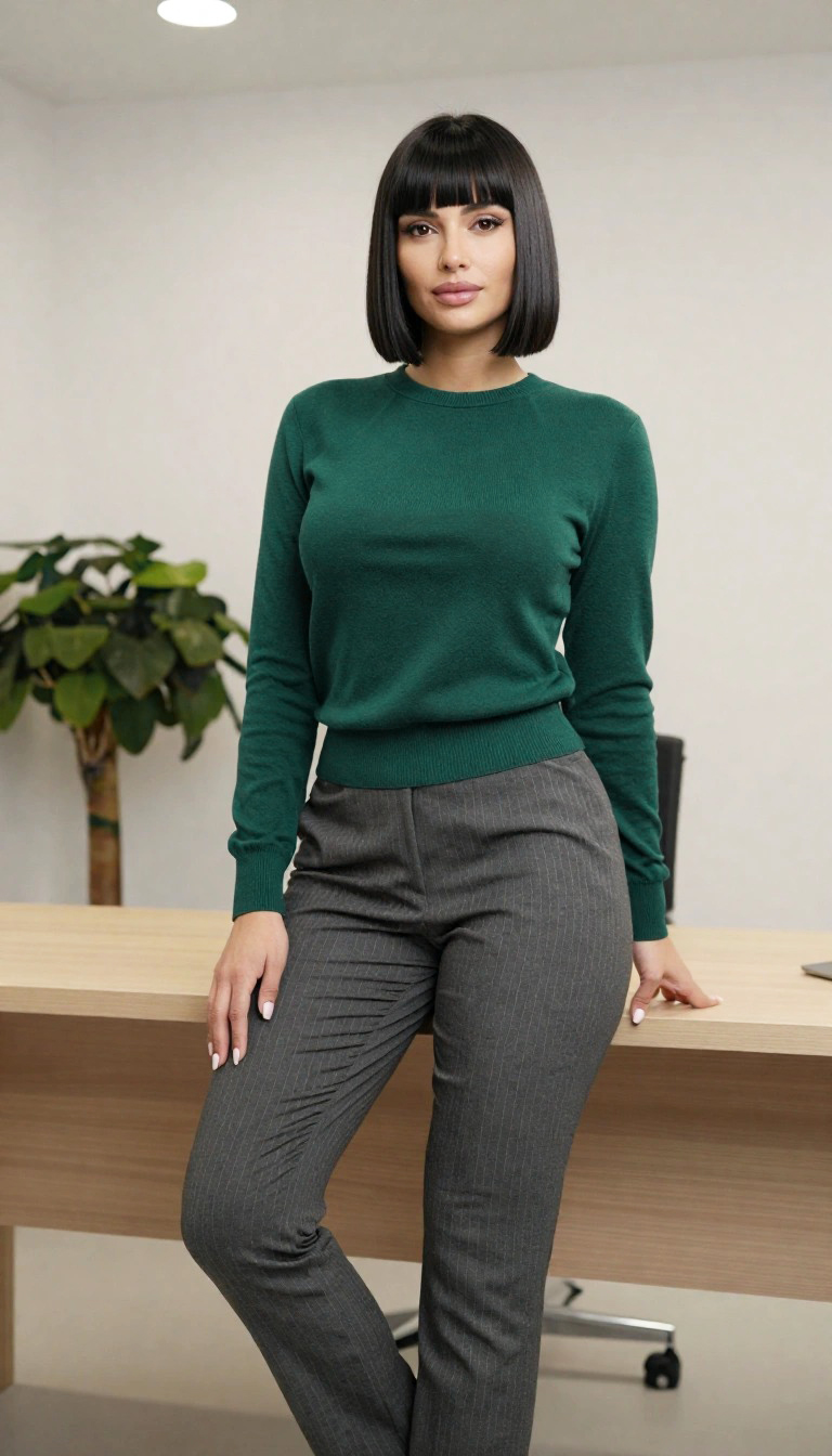 Come abbinare il verde smeraldo con il grigio: maglione verde smeraldo e pantaloni grigi gessati per outfit ufficio donna