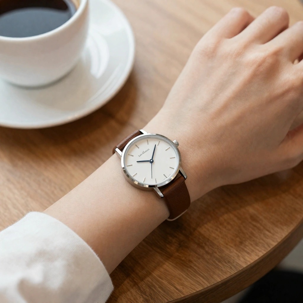 Orologio da polso classico con cinturino in pelle marrone e quadrante minimal, indossato da una donna al tavolo di un caffè: un accessorio elegante e sottovalutato per sembrare più grande e trasmettere maturità.

