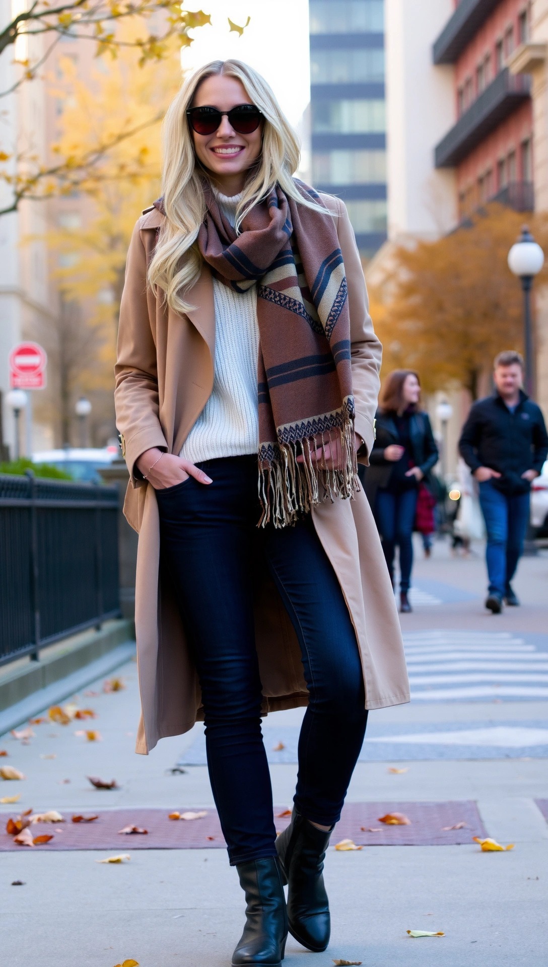 Donna sorridente con un look a strati per 12 gradi che indossa un trench color cammello, sciarpa e jeans.