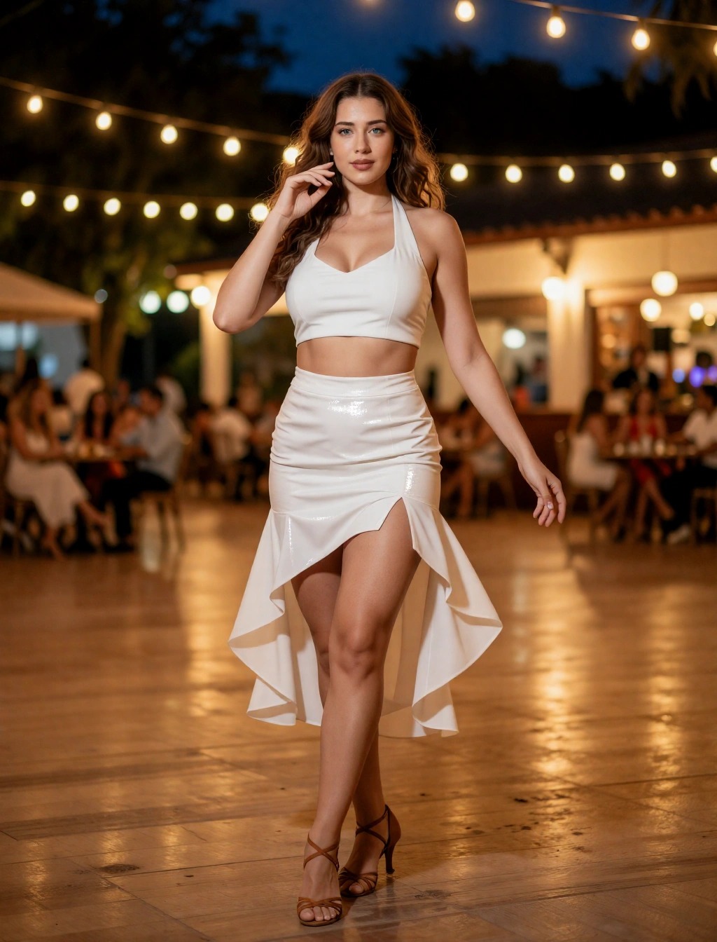 Look estivo per ballare salsa all'aperto: top bianco e gonna bianca asimmetrica con scarpe da ballo latino