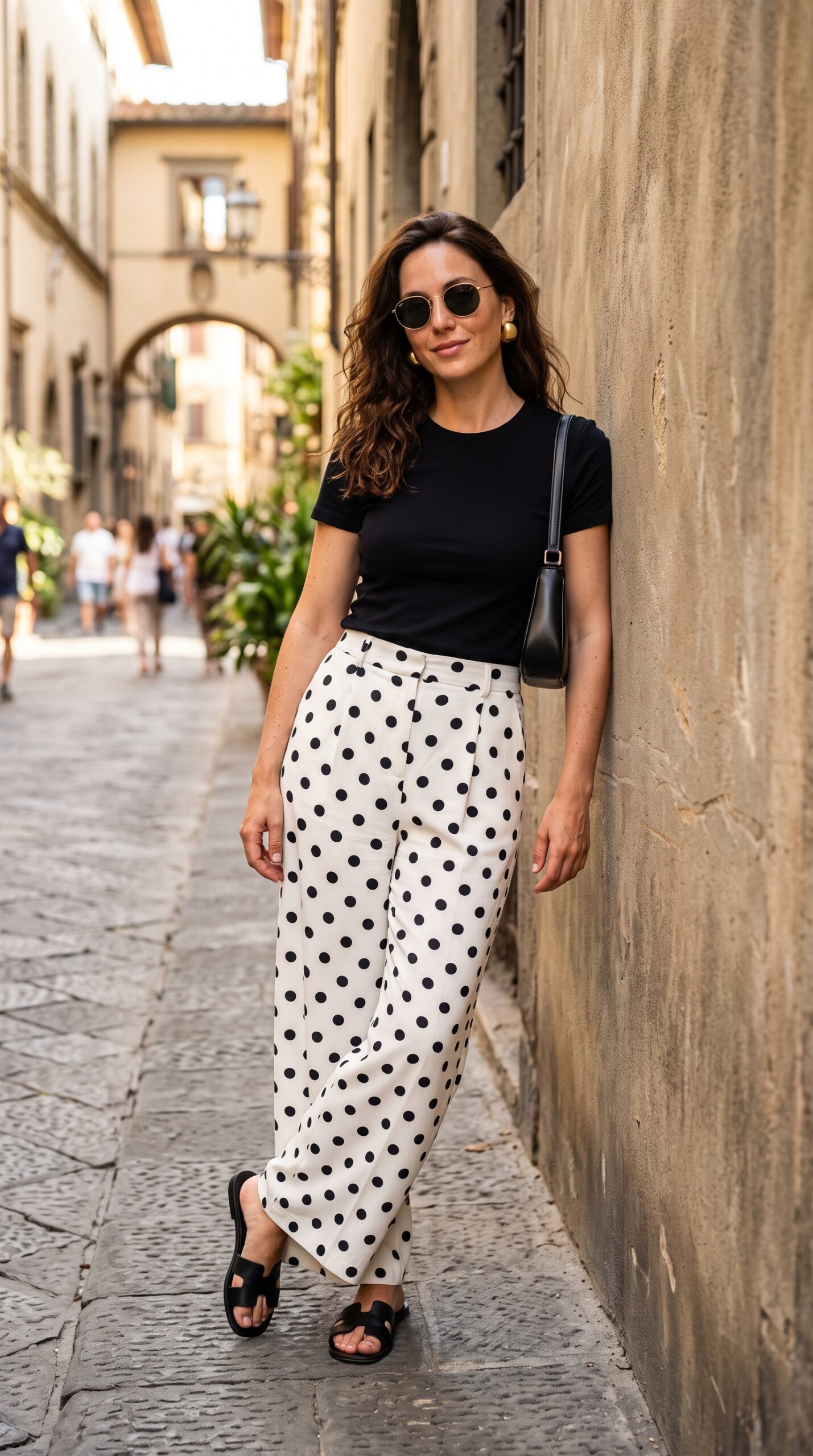 donna casual chic in strada con t shirt nera pantalone palazzo bianco a pois neri sandali bassi e occhiali da sole