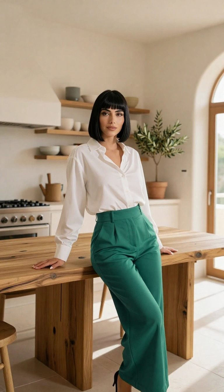 Come abbinare il verde smeraldo: pantalone palazzo verde smeraldo con camicia bianca per un look da lavoro