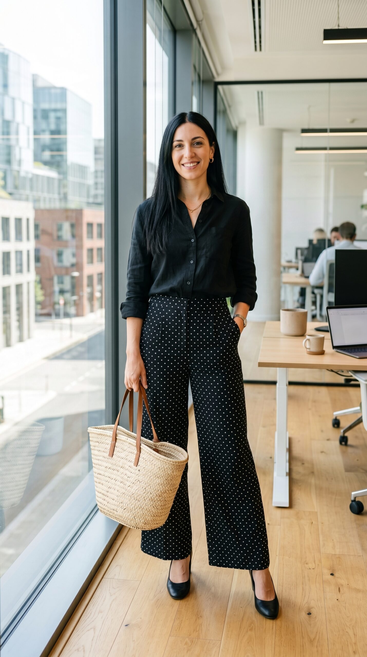 Look professionale da ufficio con camicia nera, pantaloni larghi neri a pois bianchi e borsa in paglia.