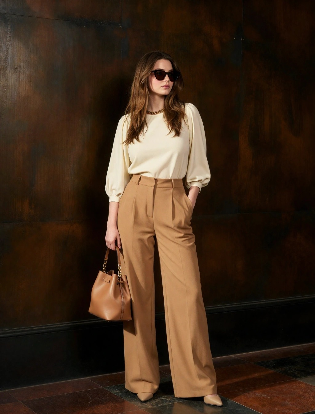 Outfit monocromatico con pantaloni palazzo a vita alta e top tono su tono, ideale per allungare visivamente le gambe e slanciare la figura