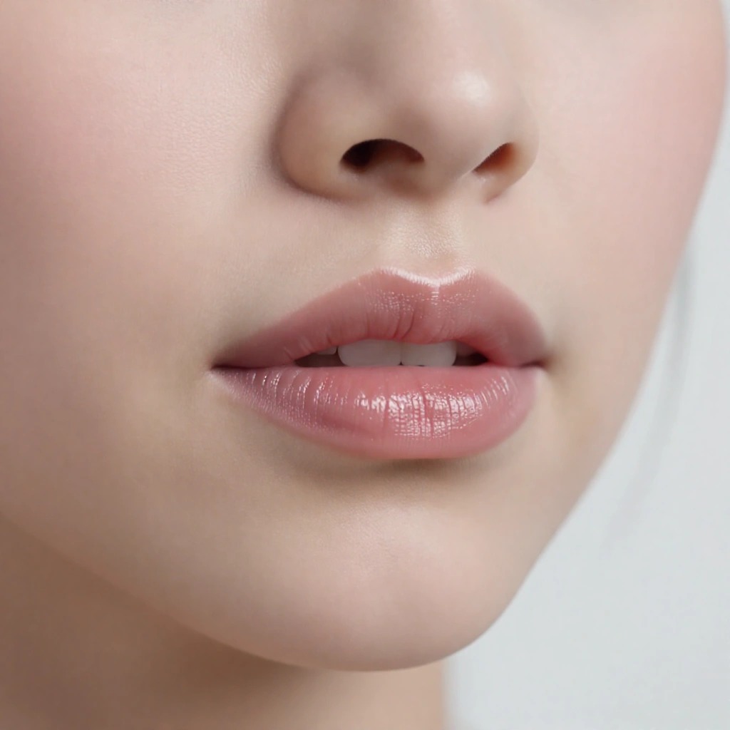 Primo piano di labbra con rossetto rosa nude satinato applicato con precisione: scegliere il colore giusto è un passo chiave per sembrare più grande senza risultare mascherata.
