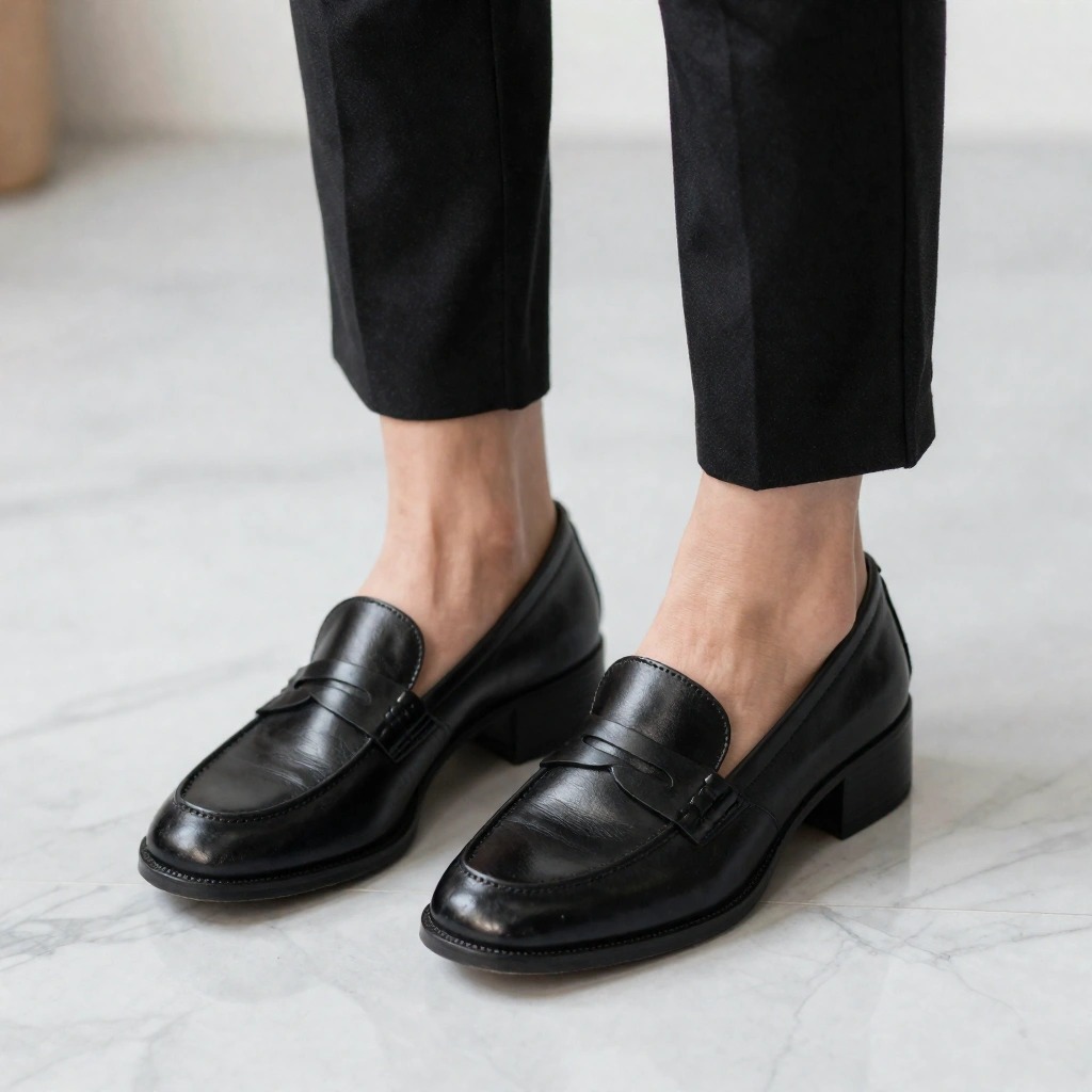 Mocassini neri in pelle con tacco basso e pantaloni neri: un'alternativa grown up alle sneakers per un look più adulto.

