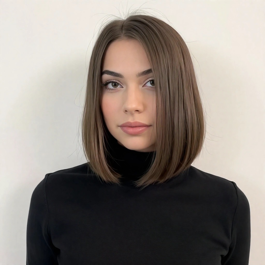Donna con long bob liscio e geometrico alle spalle, colore castano naturale e dolcevita nera: un taglio pulito che definisce il viso e aiuta a sembrare più grande in modo elegante.
