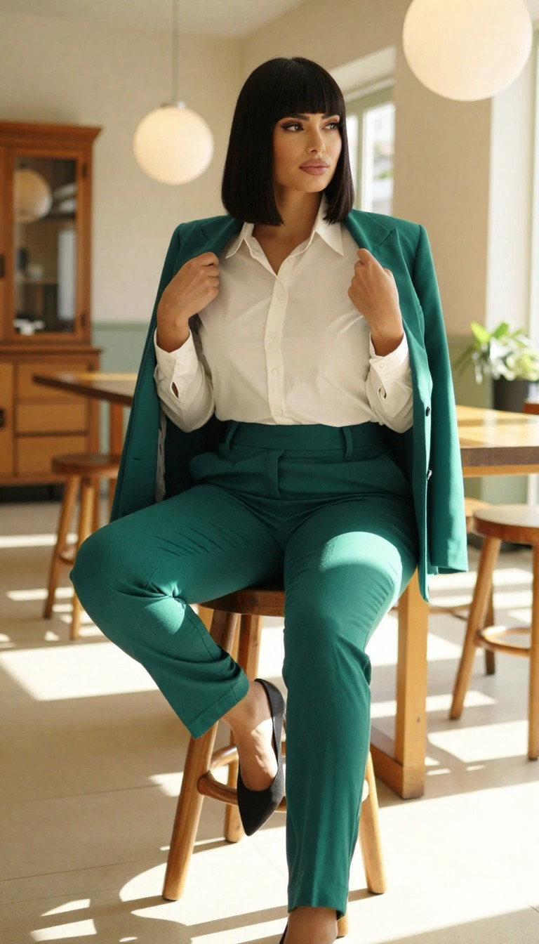 Tailleur verde smeraldo abbinato a camicia bianca, outfit ufficio classico ed elegante