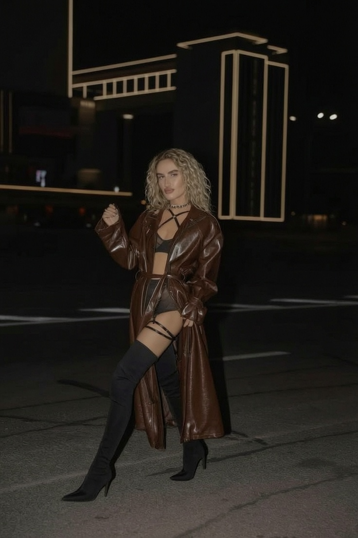 Look notturno con trench lungo in pelle marrone scuro, parigine nere e reggiseno con dettagli harness geometrici.