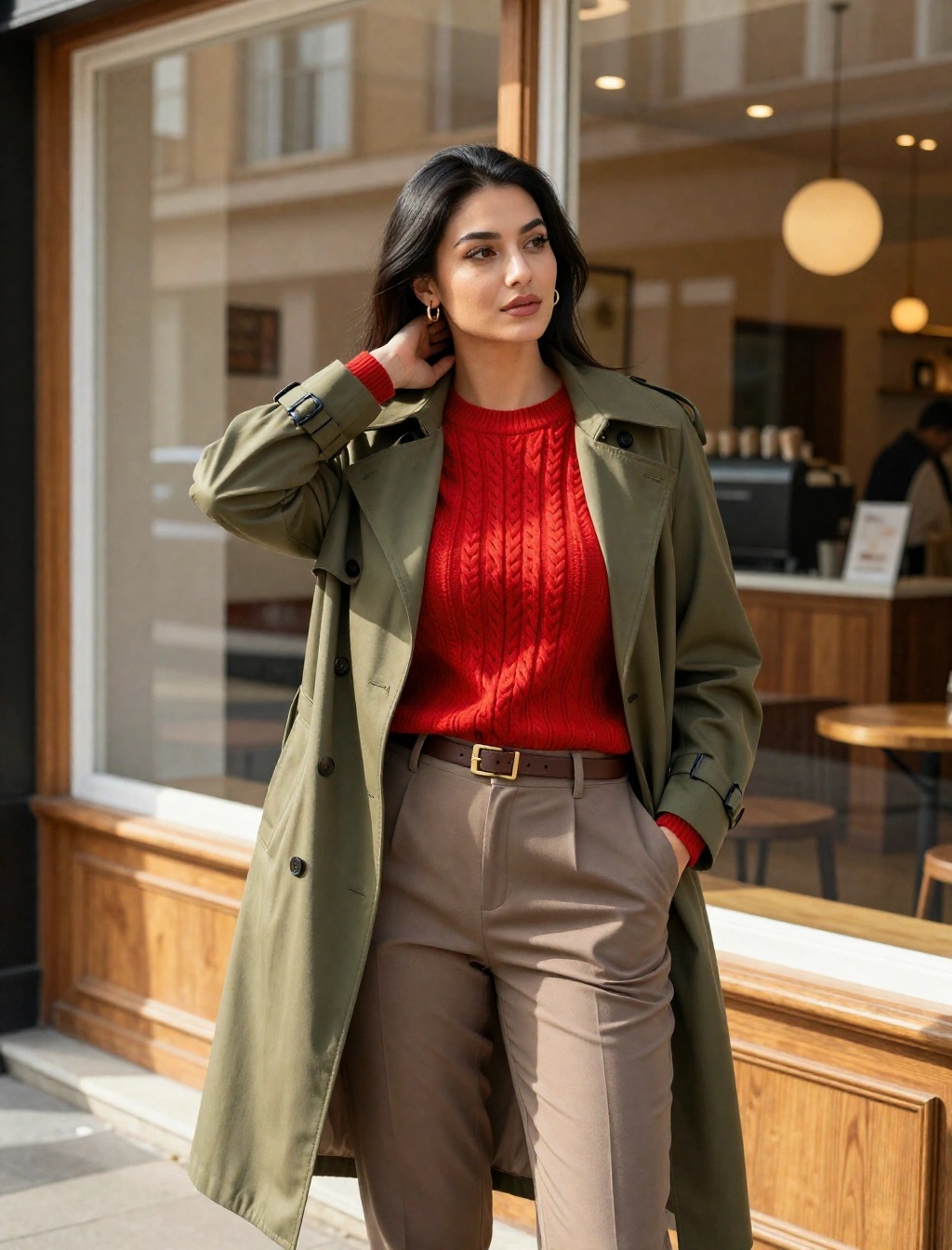 Come abbinare il trench verde oliva con il rosso: outfit donna con maglione rosso, trench oliva e pantaloni beige