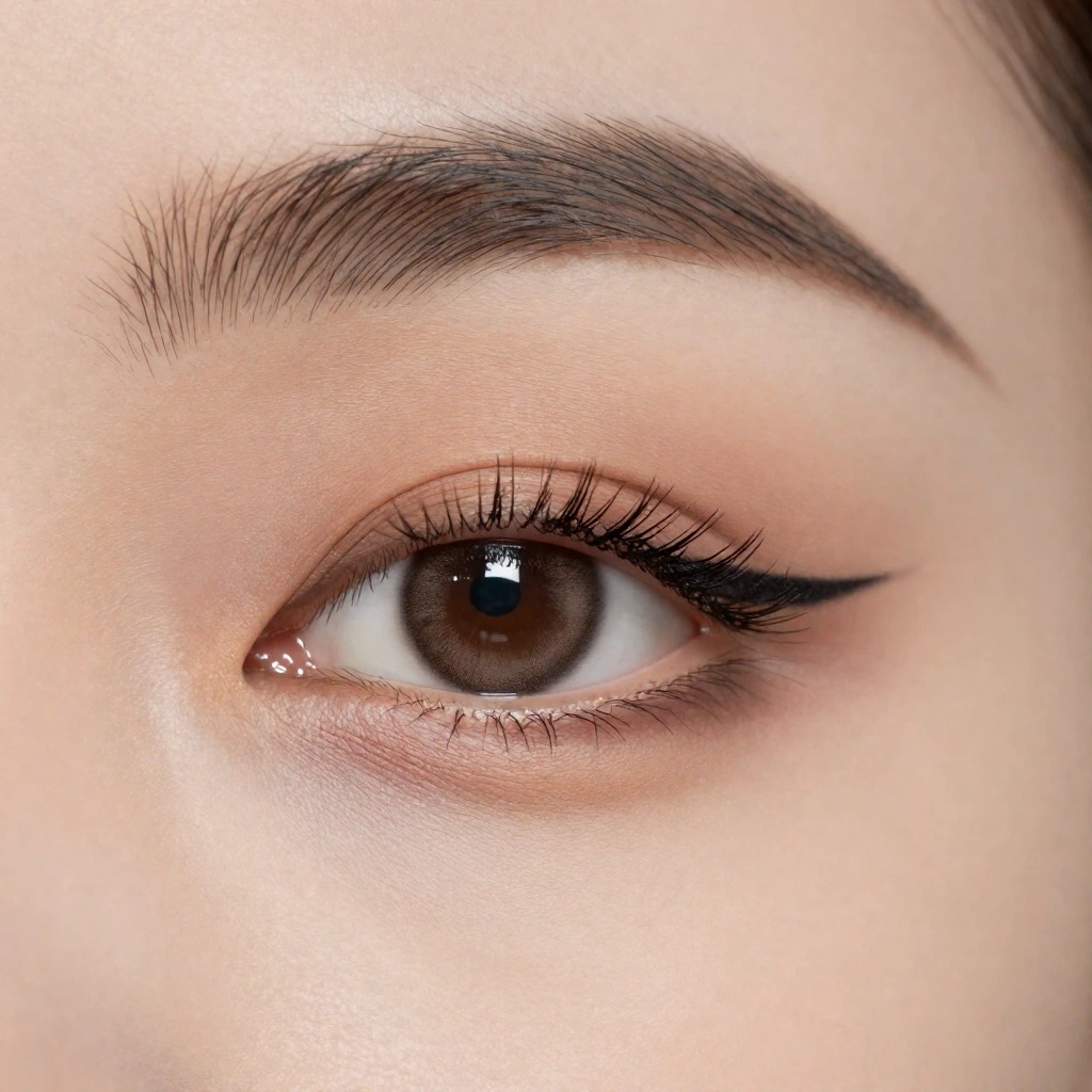 Primo piano di occhio con eyeliner sottile e preciso, ombretto in toni neutri marroni e sopracciglia ben definite: un make up essenziale per sembrare più grande senza apparire mascherata.
