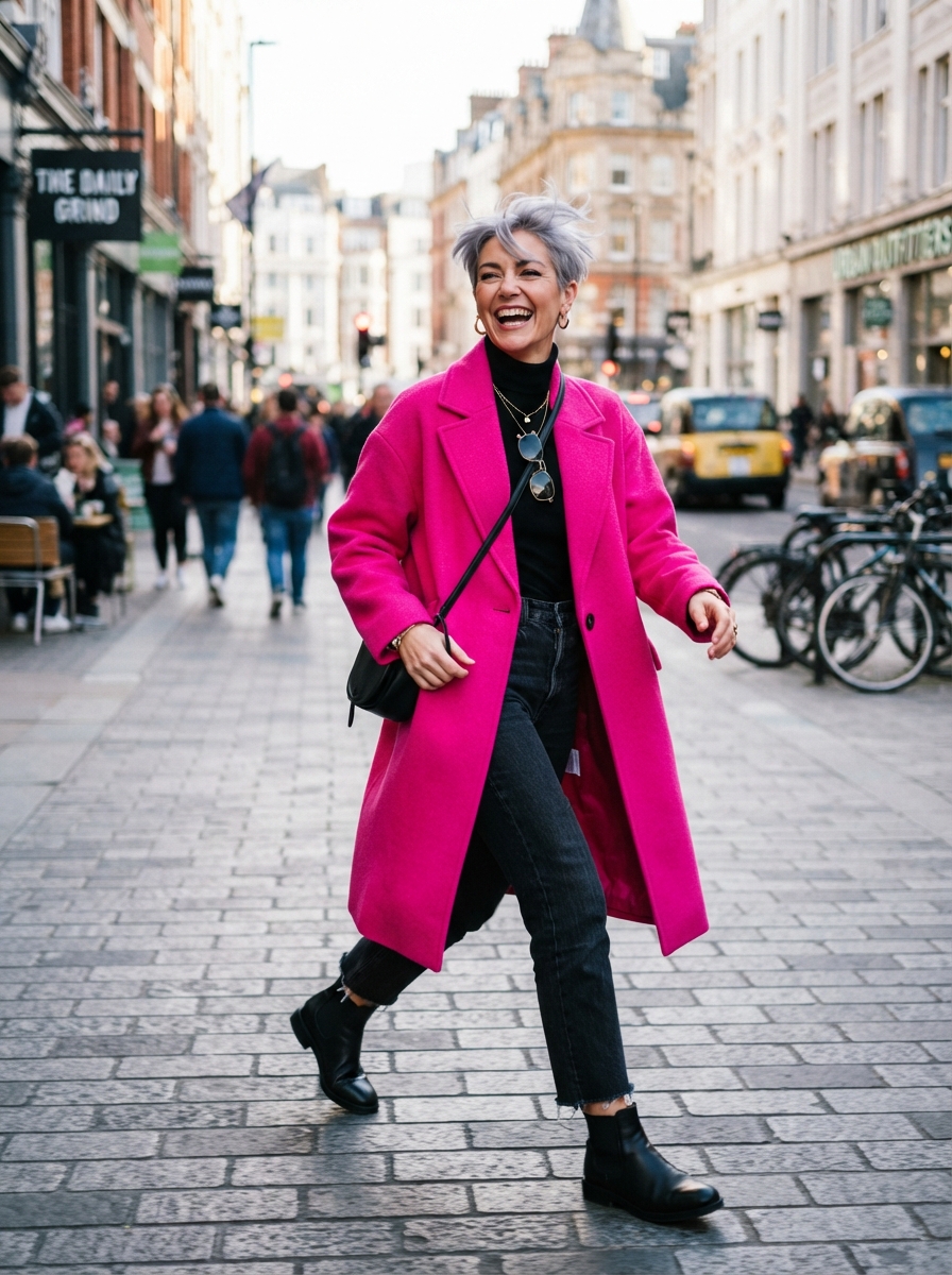 Come vestirsi con i capelli bianchi 3 Donna con taglio corto argento indossa cappotto fucsia acceso