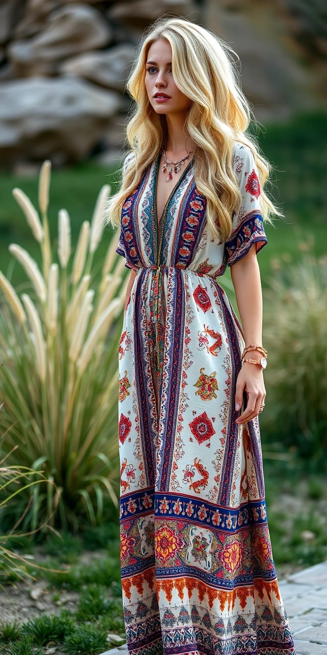 Donna con un vestito lungo boho con stampe etniche in stile hippie, in un ambiente naturale con piante e rocce.