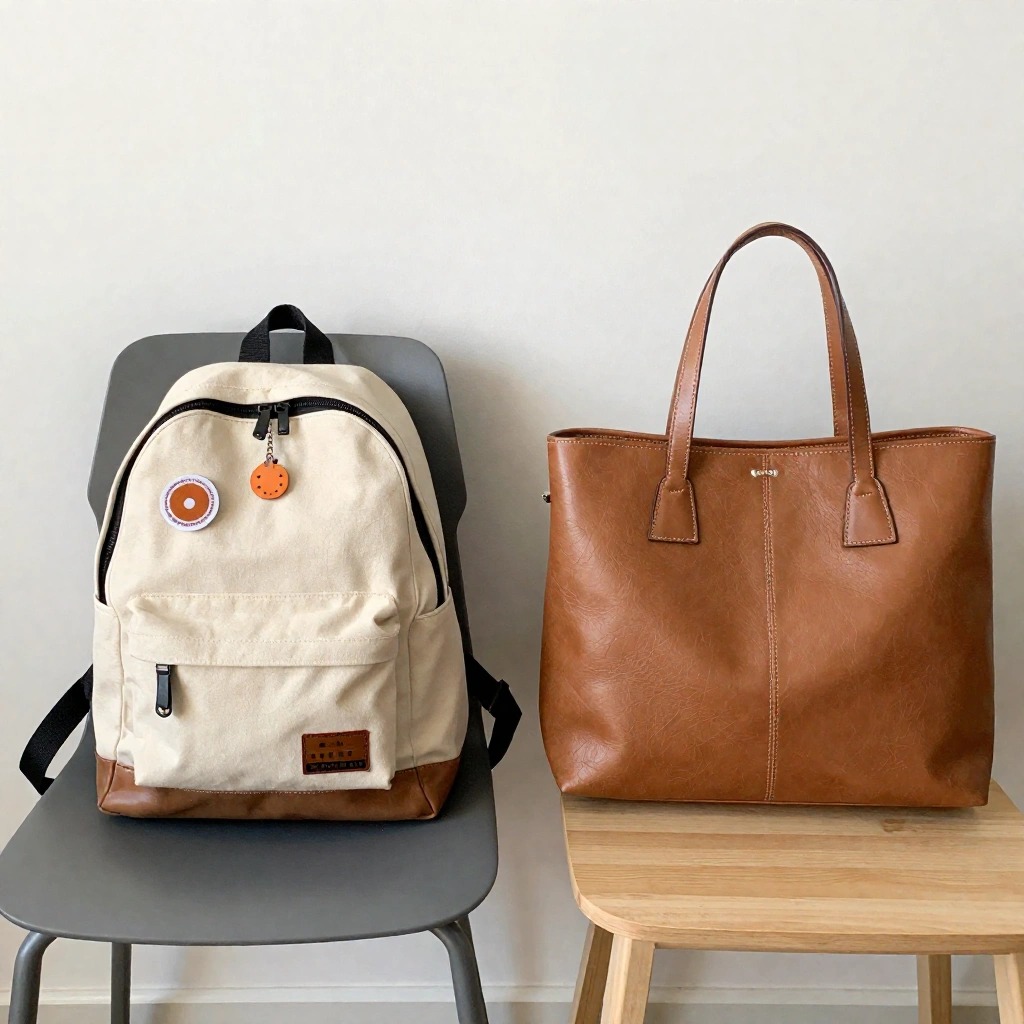 Confronto tra uno zainetto in tela con charms e una borsa tote in pelle strutturata: sostituire gli accessori giovanili è fondamentale per sembrare più grande in modo credibile.
