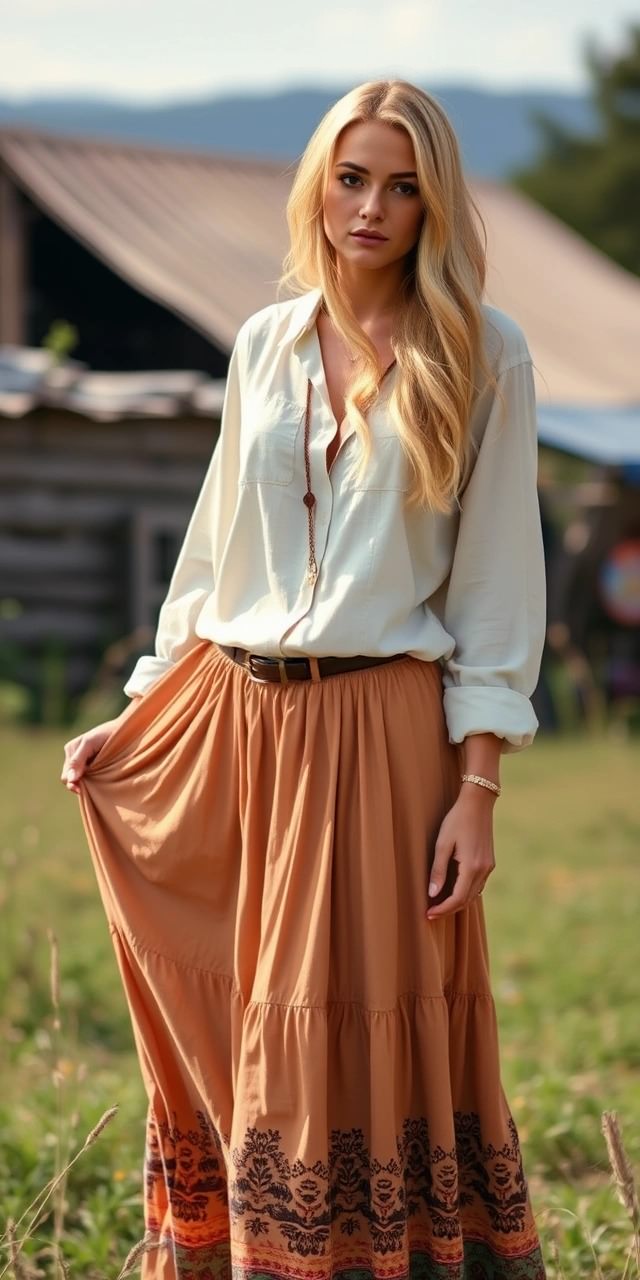 Donna con camicia bianca morbida e ampia gonna boho marrone in stile hippie, immersa in un paesaggio rurale con una casetta di legno sullo sfondo.