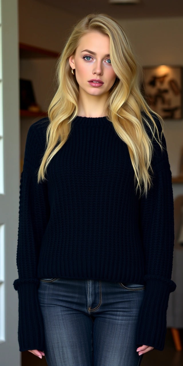 Come vestirsi total black 6 Look total black invernale con maglione oversize nero e jeans, perfetto per le giornate fredde.