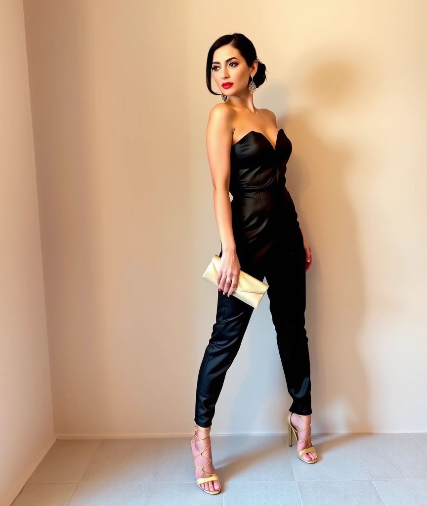 Donna con jumpsuit nera elegante, sandali dorati e clutch metallica, perfetta per un outfit per un cocktail party sofisticato e moderno.

