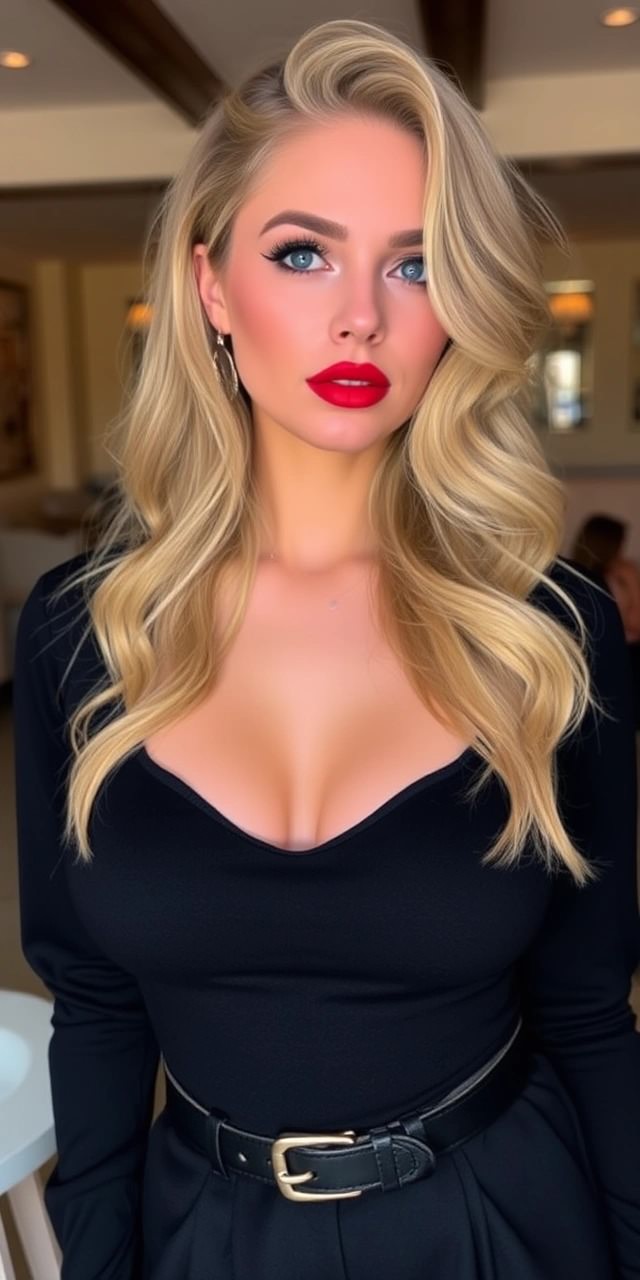 Come vestirsi total black 7 Donna con look total black elegante, abito scollato e cintura in vita, completato da un rossetto rosso per un tocco di contrasto.