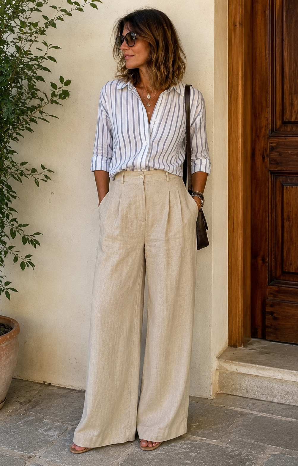 Donna di circa 40 anni con blusa corta in lino a righe appena infilata nei pantaloni palazzo a vita alta