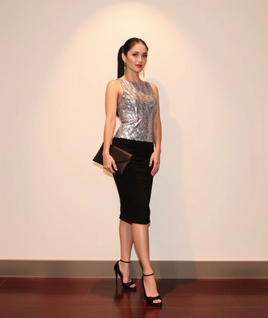 Donna con gonna a matita nera e top con paillettes argento, perfetta per un outfit per un cocktail party elegante e luminoso.
