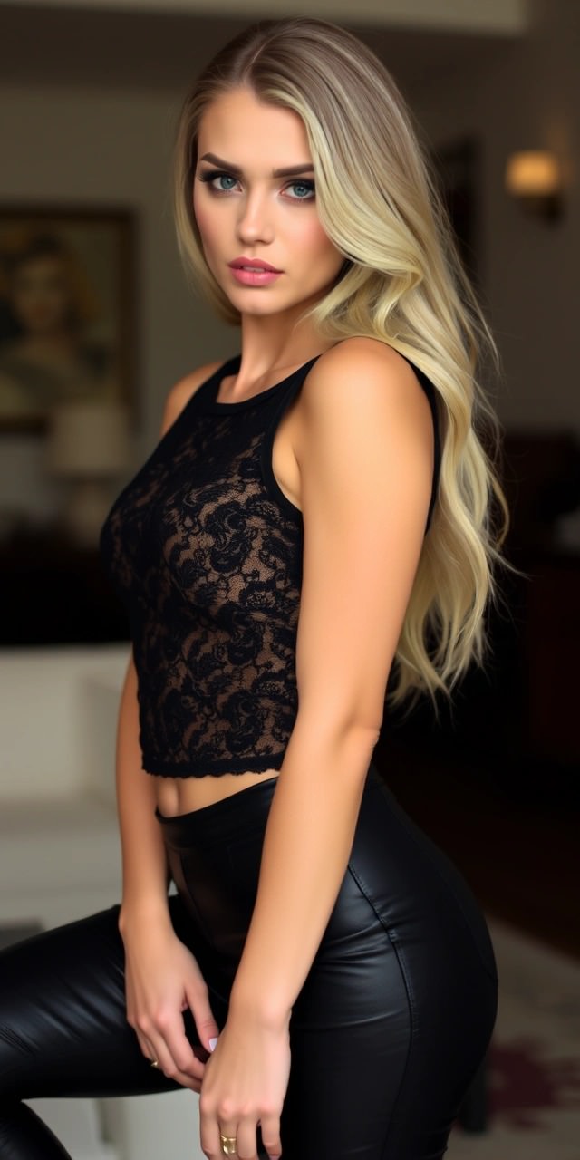 Come vestirsi total black 1 Donna con outfit total black composto da crop top in pizzo nero e pantaloni in ecopelle, look audace ed elegante