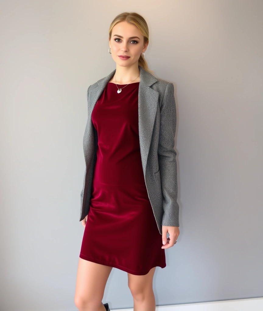 Donna che indossa un vestito di velluto rosso con un blazer in tweed grigio, una collana minimalista in argento e orecchini piccoli, con i capelli raccolti in una coda bassa.








