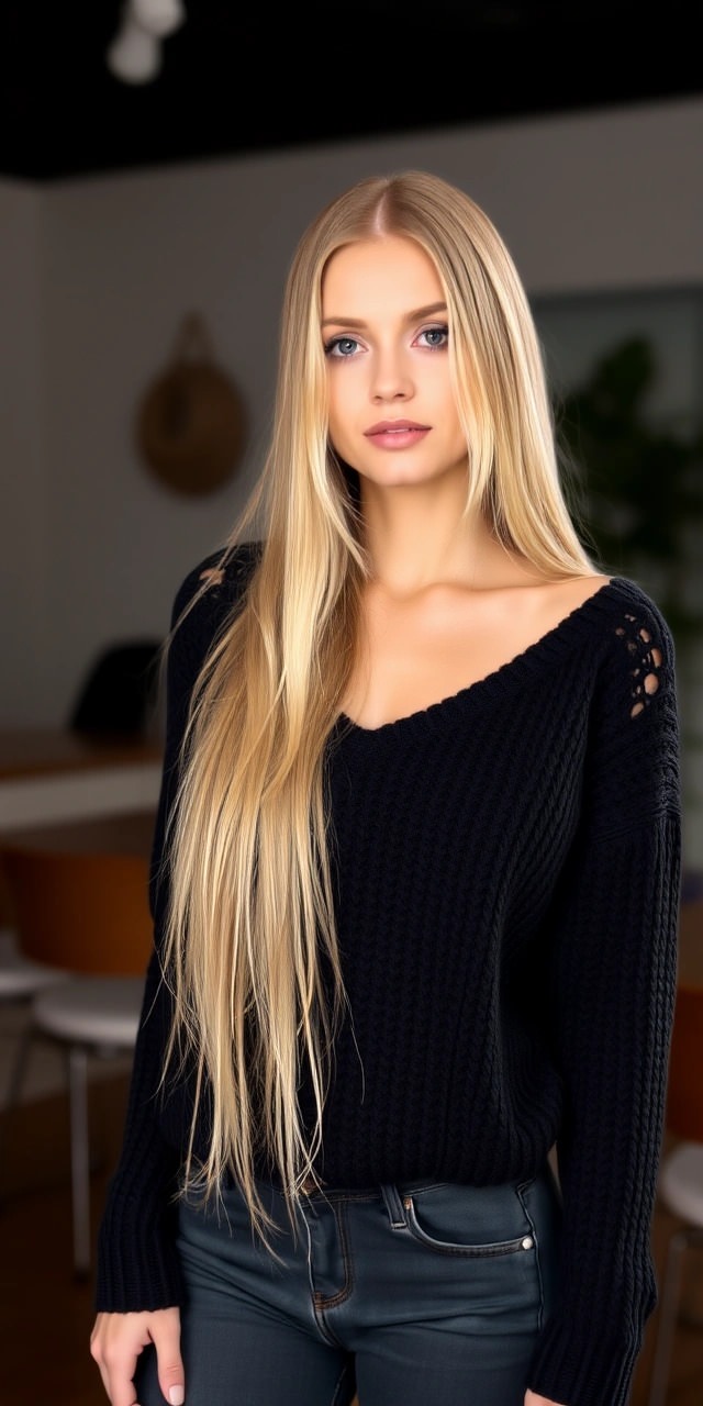 Come vestirsi total black 5 Stile casual total black con maglione a maglia nera e jeans scuri, outfit comodo e alla moda.