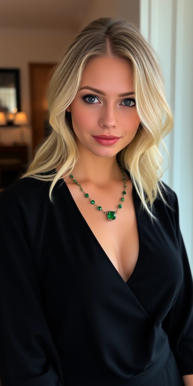 Come vestirsi total black 9 Donna in total black con scollatura profonda, impreziosita da una collana verde per un contrasto raffinato ed elegante.