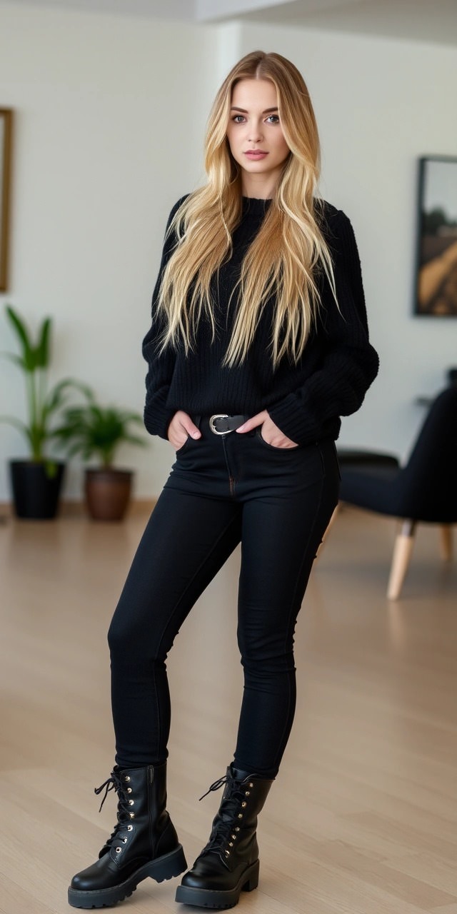 Come vestirsi total black 12 Look casual total black con maglione oversize, jeans skinny e anfibi neri, perfetto per un outfit urban e di tendenza.