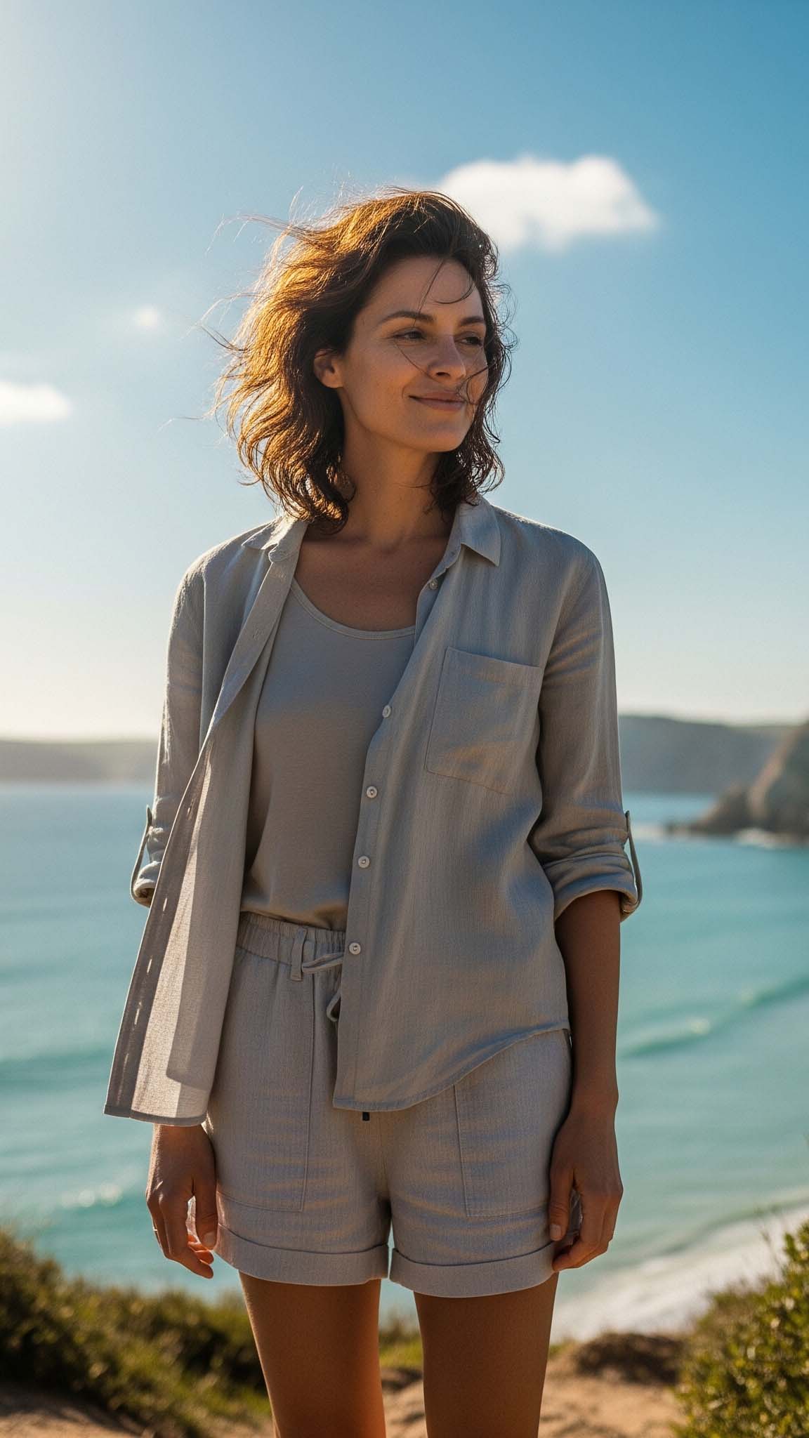 Una donna sorridente con un outfit estivo in lino, composto da camicia e pantaloncini chiari, che guarda l'orizzonte sulla costa in una giornata di sole a 25 gradi. Perfetto per il mare.