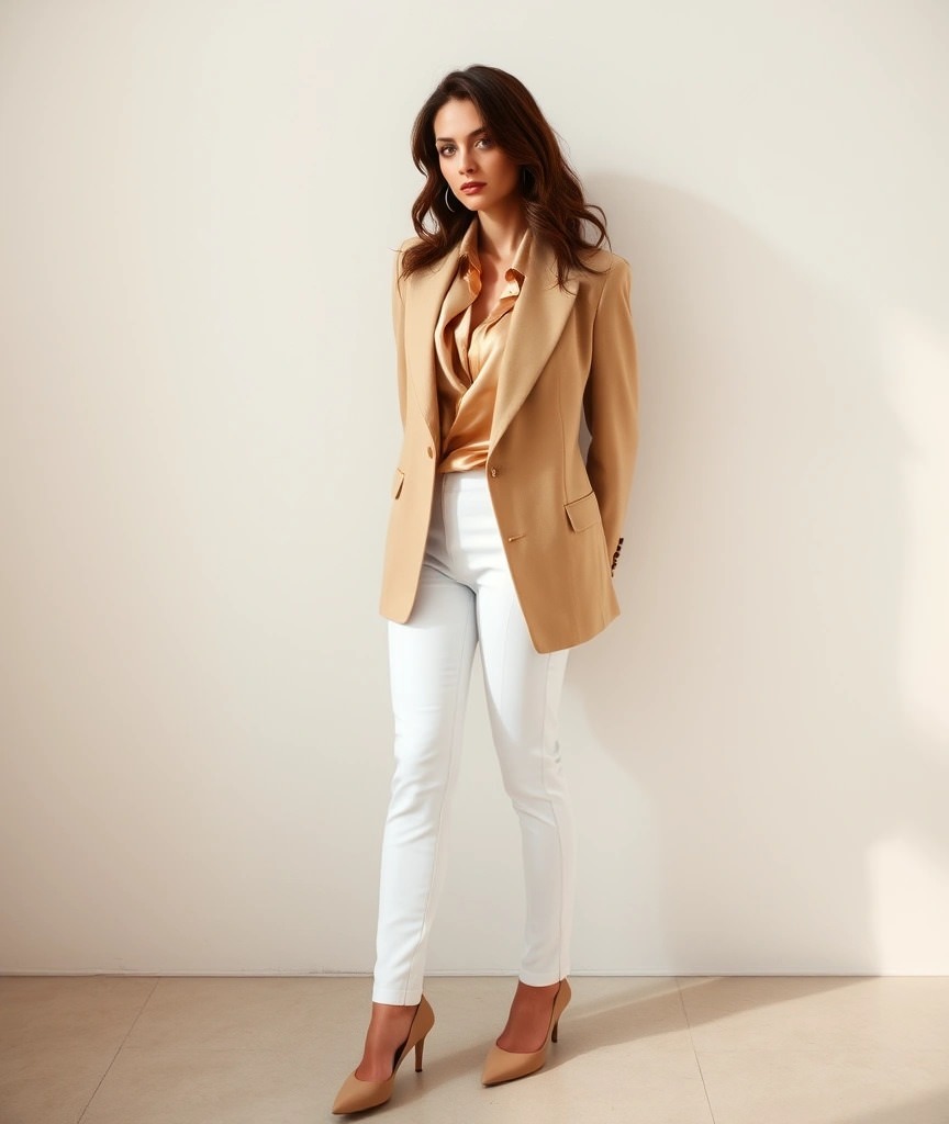 Outfit business casual: Come ci si veste business casual? 4 Blazer beige e pantaloni bianchi a sigaretta: un outfit che urla classe e versatilità. Perfetto per un incontro importante o una giornata di presentazioni.