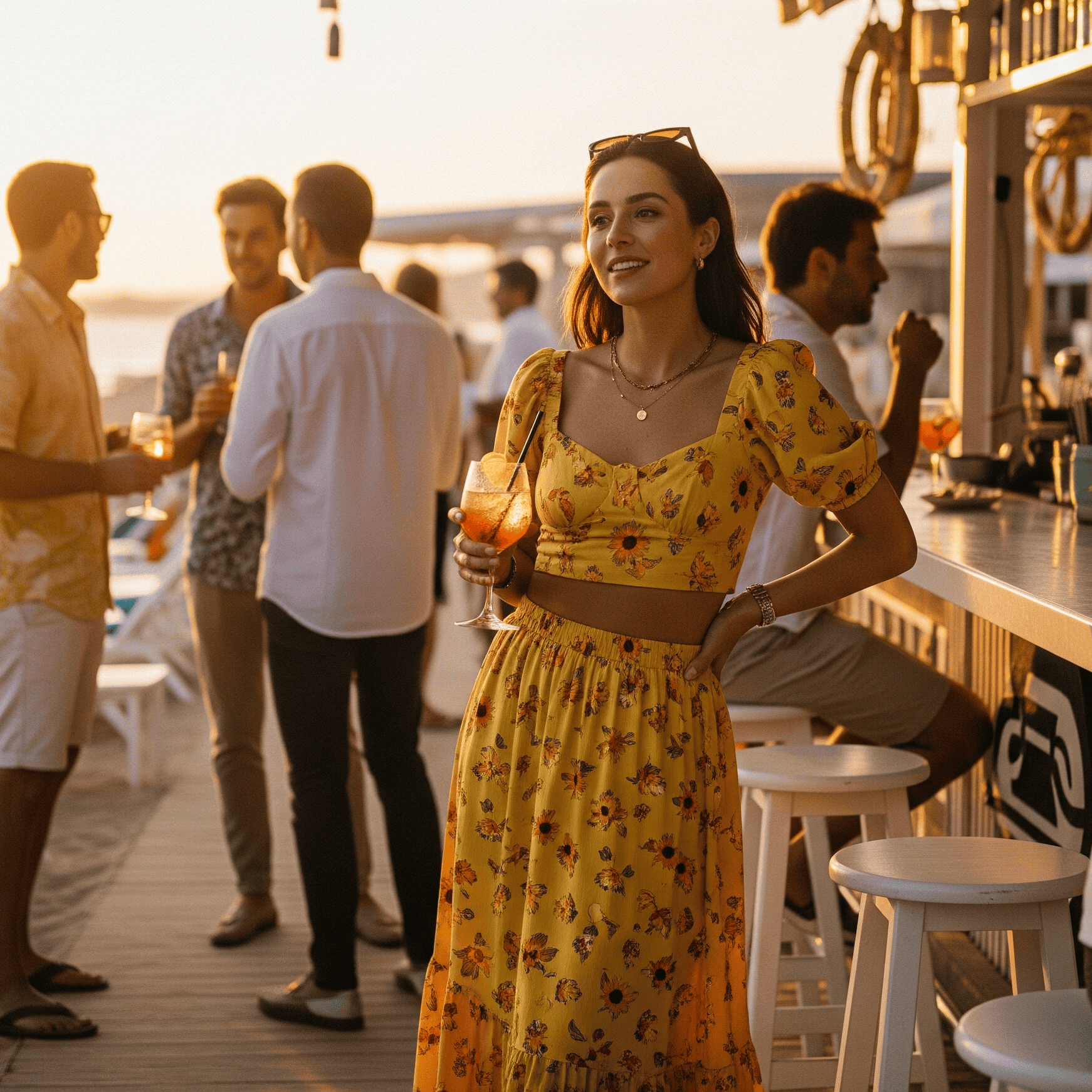 Una donna sorridente indossa un completo coordinato estivo giallo con stampa floreale, composto da un crop top e una gonna lunga. Si trova in un affollato bar sulla spiaggia al tramonto, tenendo in mano un cocktail, con altre persone e il bancone del bar sullo sfondo.