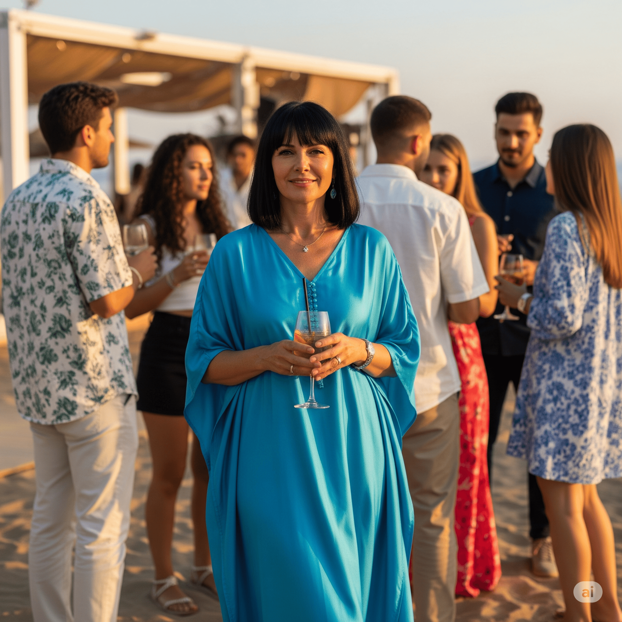 Una donna elegante indossa un lungo caftano di seta azzurro come abito da sera e tiene in mano un cocktail in un vivace bar sulla spiaggia. È circondata da un gruppo di giovani e l'atmosfera è illuminata dalla luce calda del tramonto.