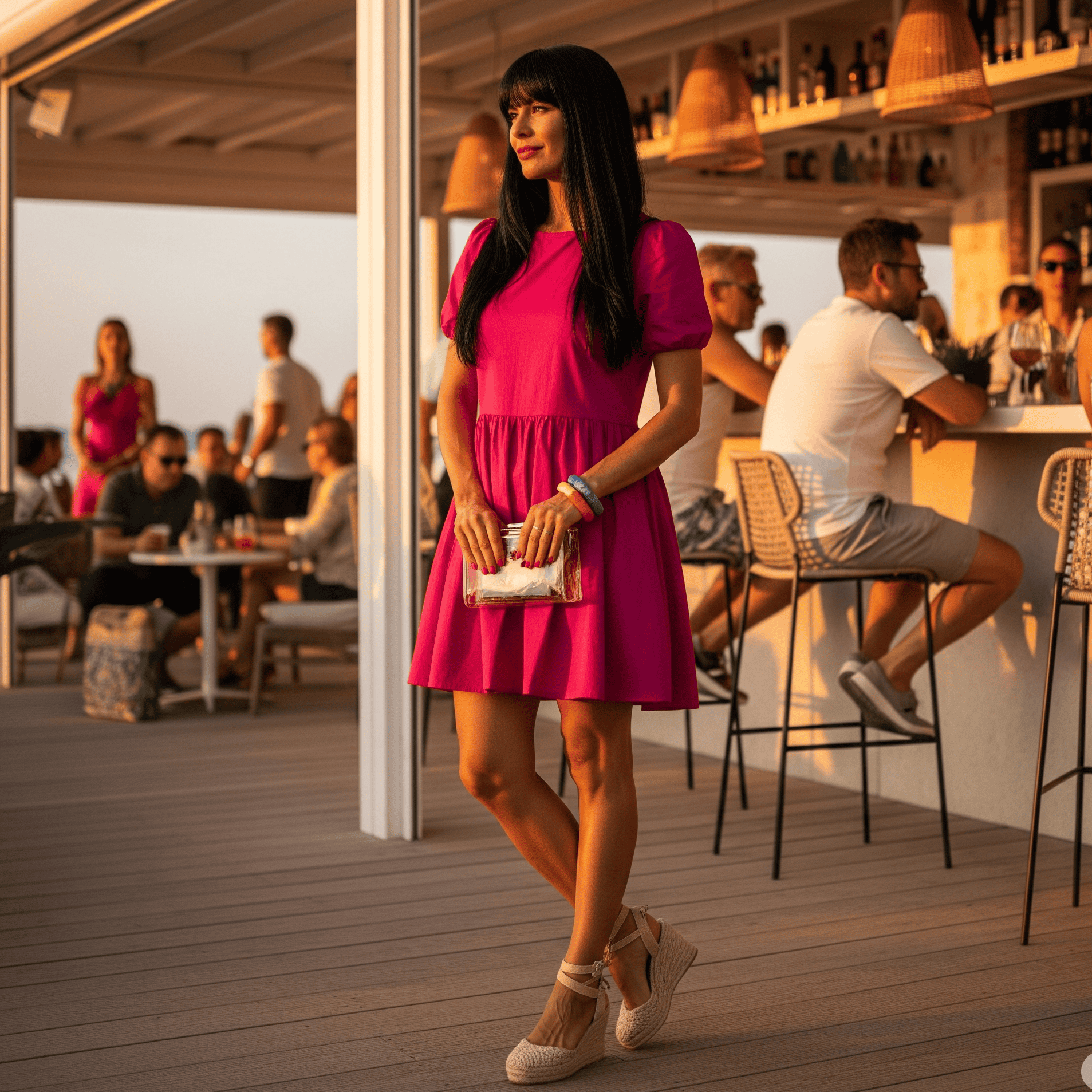 Una donna con lunghi capelli neri indossa un abito corto fucsia a maniche corte e zeppe di espadrillas. Si trova sulla terrazza in legno di un bar affollato al tramonto, tenendo in mano una piccola pochette trasparente.