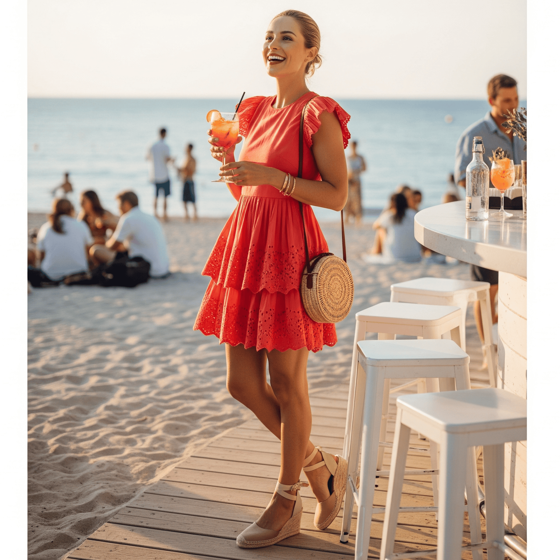 Una donna sorridente con un abito corto color corallo in pizzo sangallo e zeppe di espadrillas, tiene in mano un cocktail in un bar sulla spiaggia. Indossa una borsa rotonda di paglia a tracolla e si trova su una passerella di legno. Sullo sfondo, altre persone sulla spiaggia e il mare al tramonto.