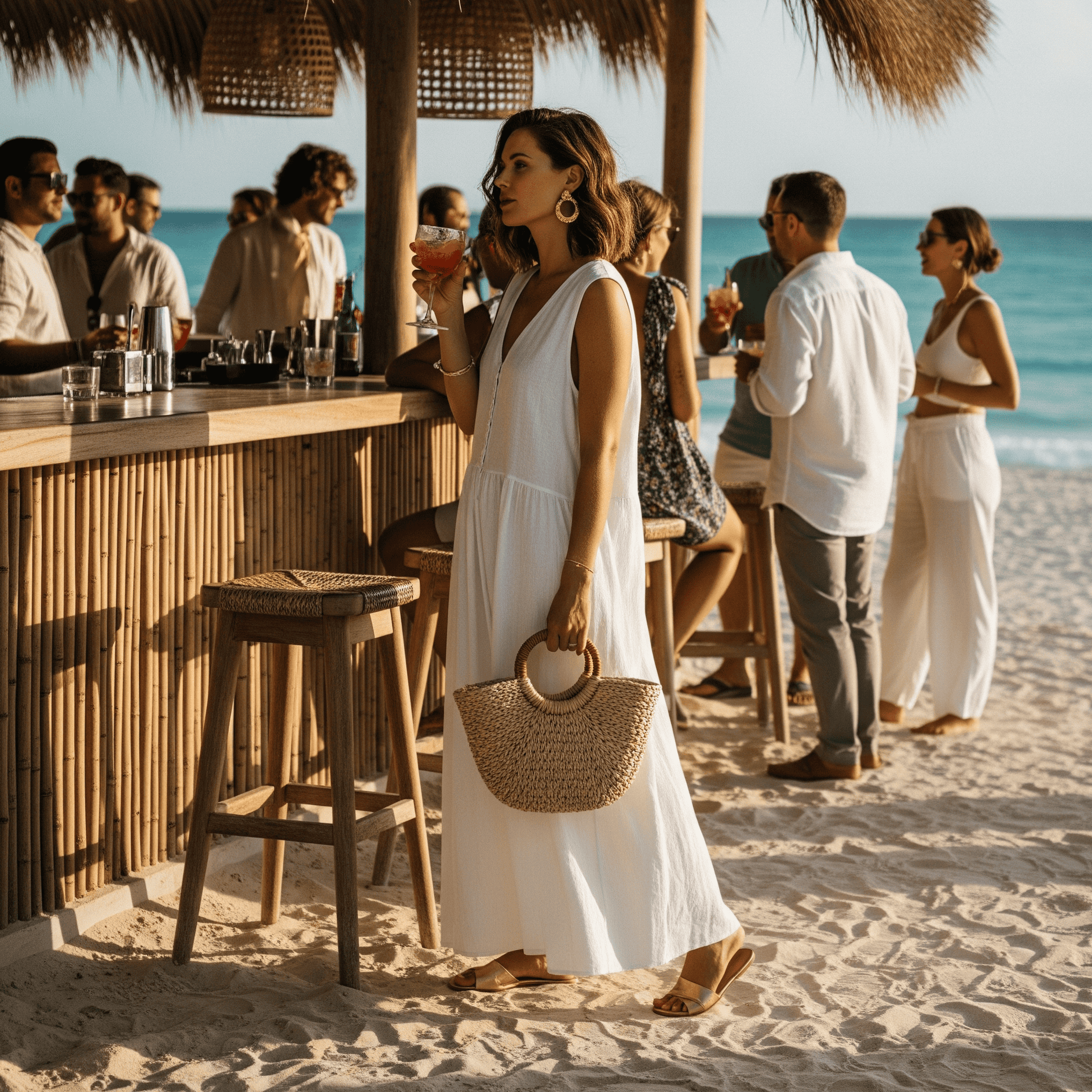 Una donna indossa un abito lungo bianco e sandali dorati mentre si gode un aperitivo in un bar sulla spiaggia. Porta una borsa di paglia e ci sono altre persone e il mare sullo sfondo.