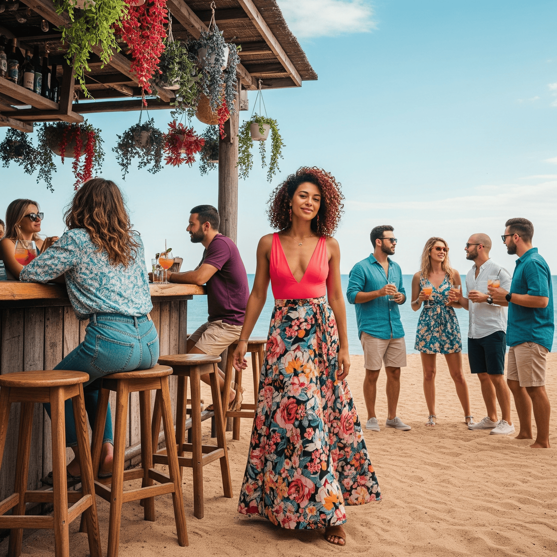 Una donna sorridente con capelli ricci indossa un body rosa con scollo a V e una gonna lunga a stampa floreale, mentre si trova in un affollato bar sulla spiaggia. Attorno a lei, altre persone socializzano e bevono cocktail durante una giornata di sole.
