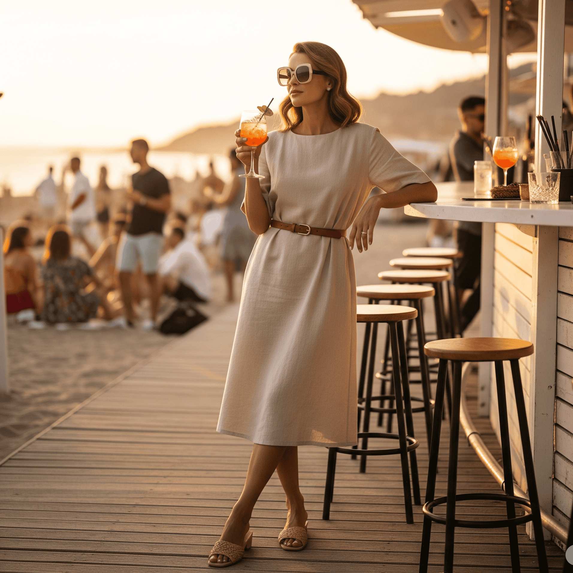 Una donna elegante indossa un abito chemisier midi color beige con una cintura sottile in cuoio e occhiali da sole oversize. È appoggiata al bancone di un bar sulla spiaggia al tramonto, tenendo in mano un cocktail, con altre persone e il mare sullo sfondo.