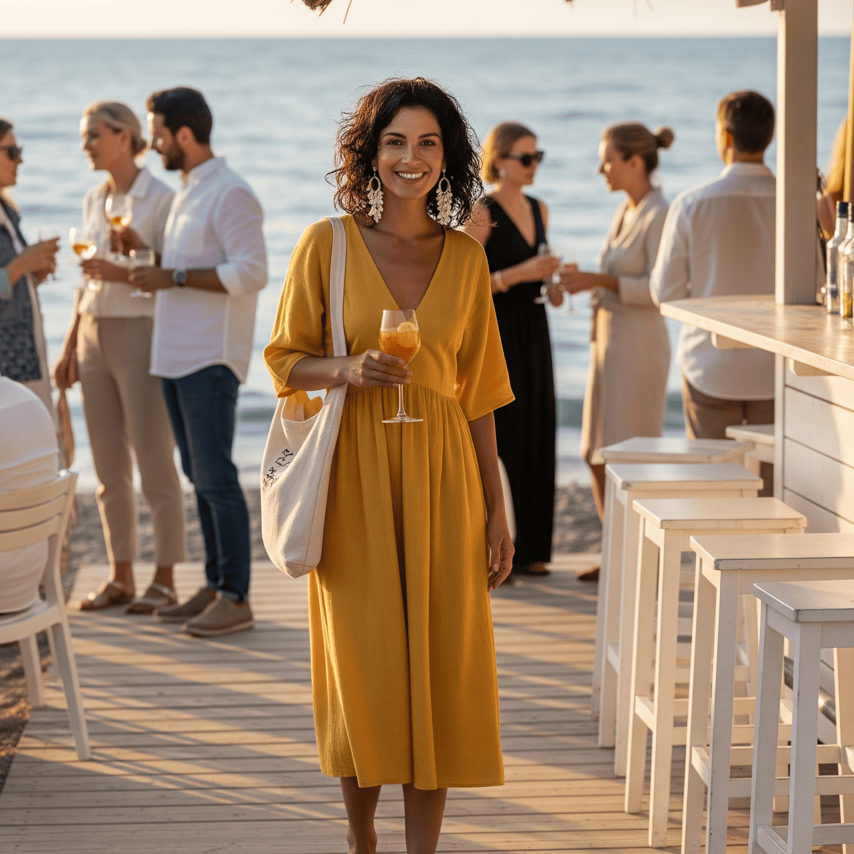 Una donna sorridente con capelli ricci e un vestito midi giallo cammina verso la fotocamera su una pedana di legno durante una festa in spiaggia. Indossa grandi orecchini bianchi, porta una borsa di tela sulla spalla e tiene in mano un cocktail. Sullo sfondo, altre persone socializzano vicino a un bar e il mare è visibile al tramonto.