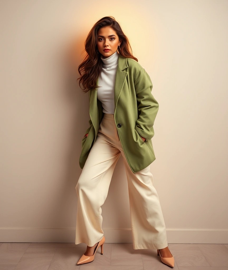 Outfit business casual: Come ci si veste business casual? 3 Il blazer verde oversize e il collo alto bianco sono una combinazione vincente per le giornate fredde in ufficio. Chic e sofisticato, perfetto con tacchi nude.