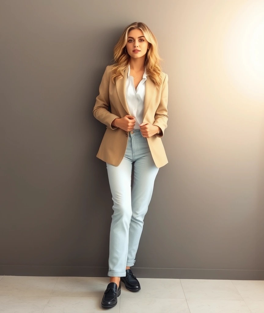 Un blazer beige abbinato a una camicia bianca classica e jeans chiari crea un outfit fresco e versatile. I mocassini neri aggiungono un tocco di professionalità, rendendo questo look ideale per un meeting informale o una giornata di lavoro in stile casual chic.